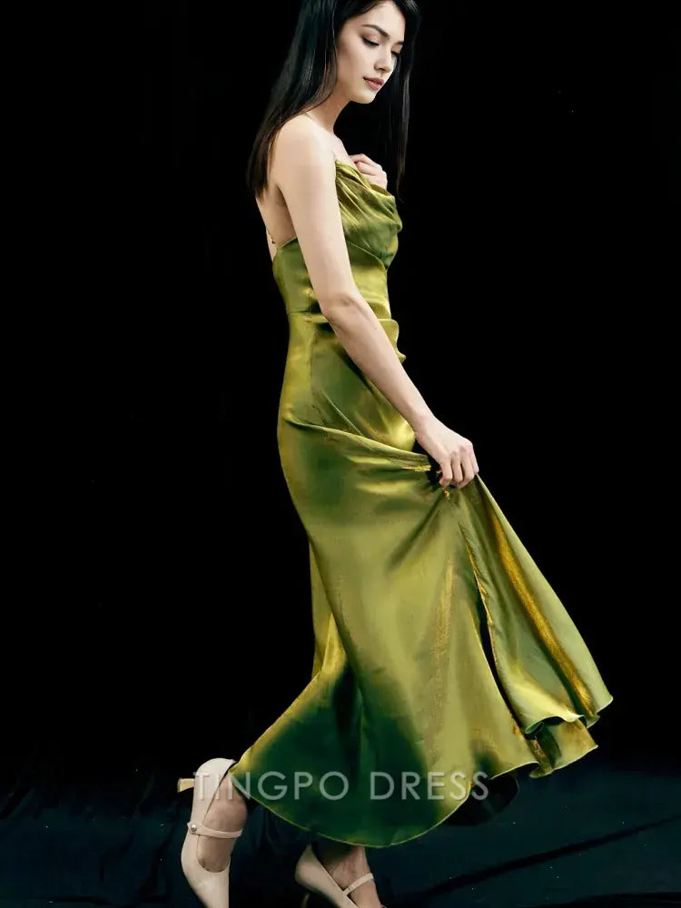 TingPo Wholesale Elegant Green Asymmetrical Flounce Hem Summer Cami Dress